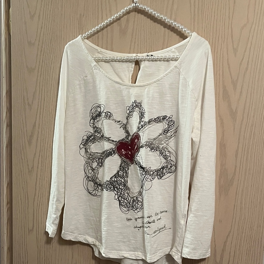 Desigual Cream Long-Sleeve Top with Scribble Flower & Red Heart